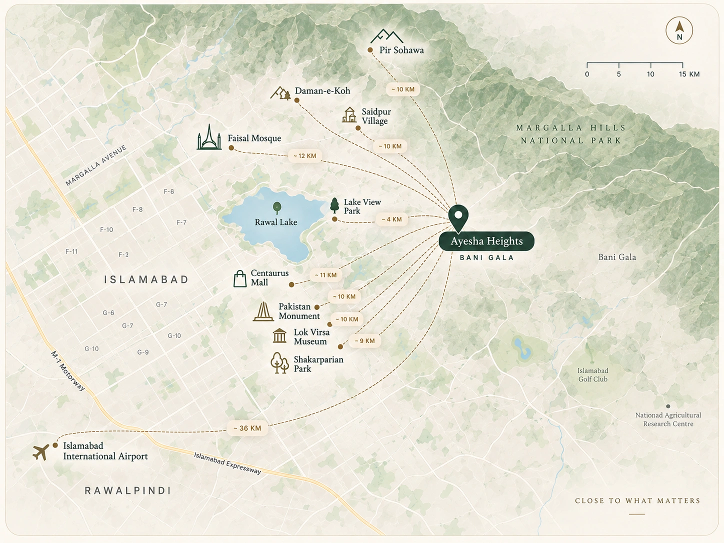 Map showing Ayesha Heights Apart Hotel on Jinnah Road, Bani Gala, Islamabad